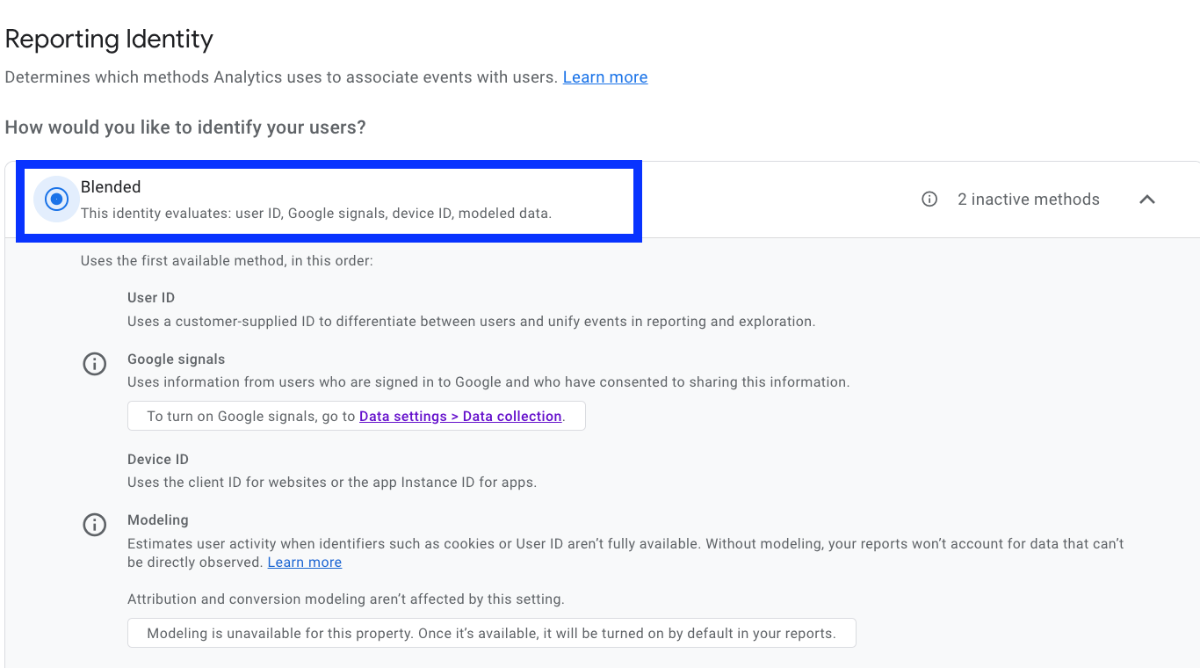 Blended reporting identity in GA4