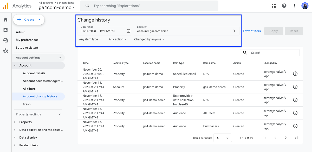 Account Change History - GA4