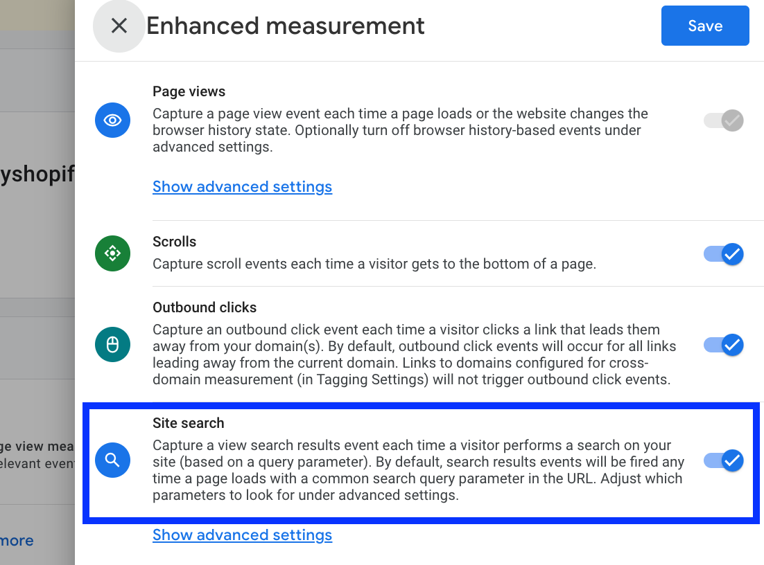 View the Site Search settings