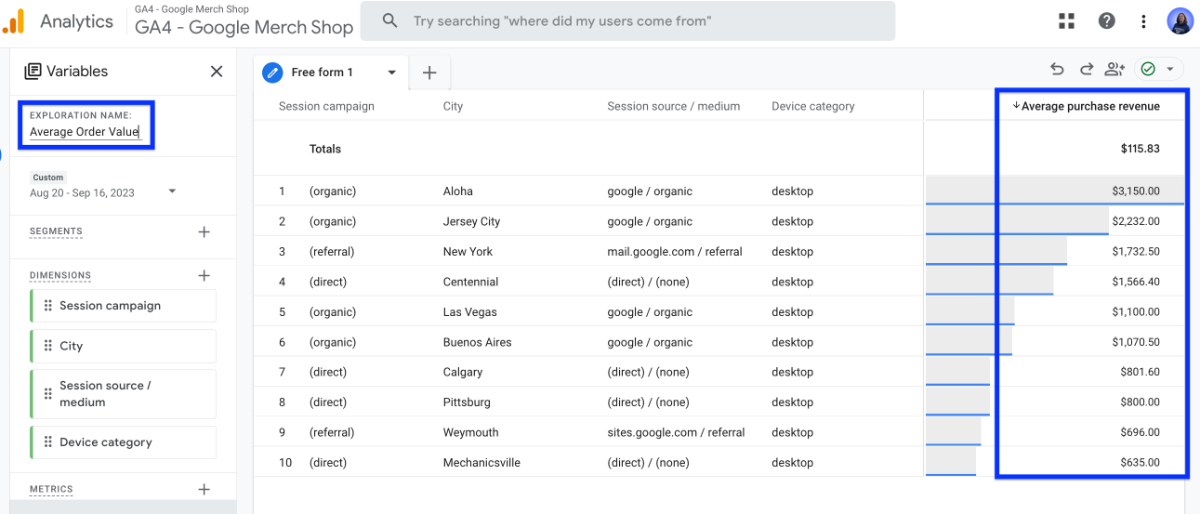 How to find average order value / average purchase revenue in GA4?