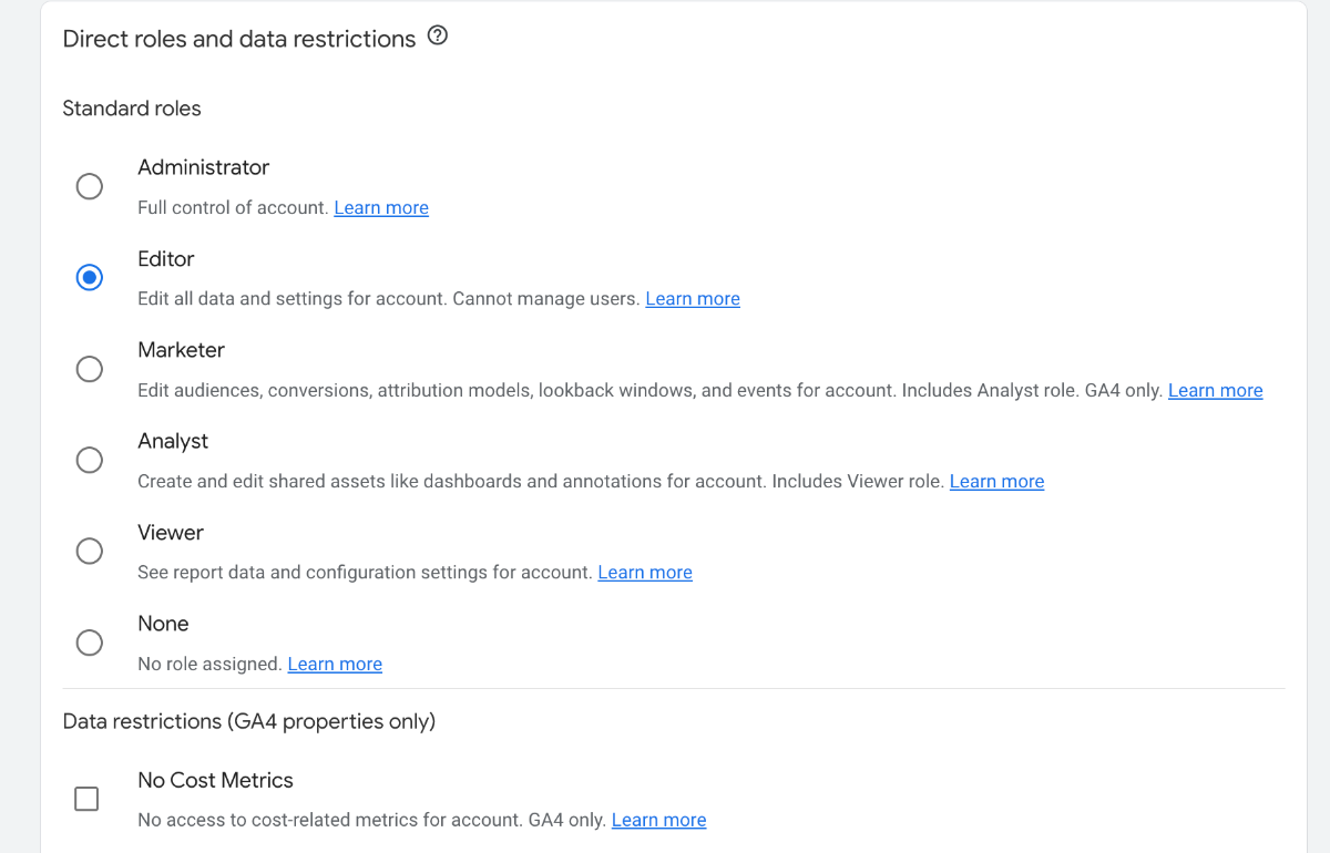 Direct roles and data restrictions in GA4