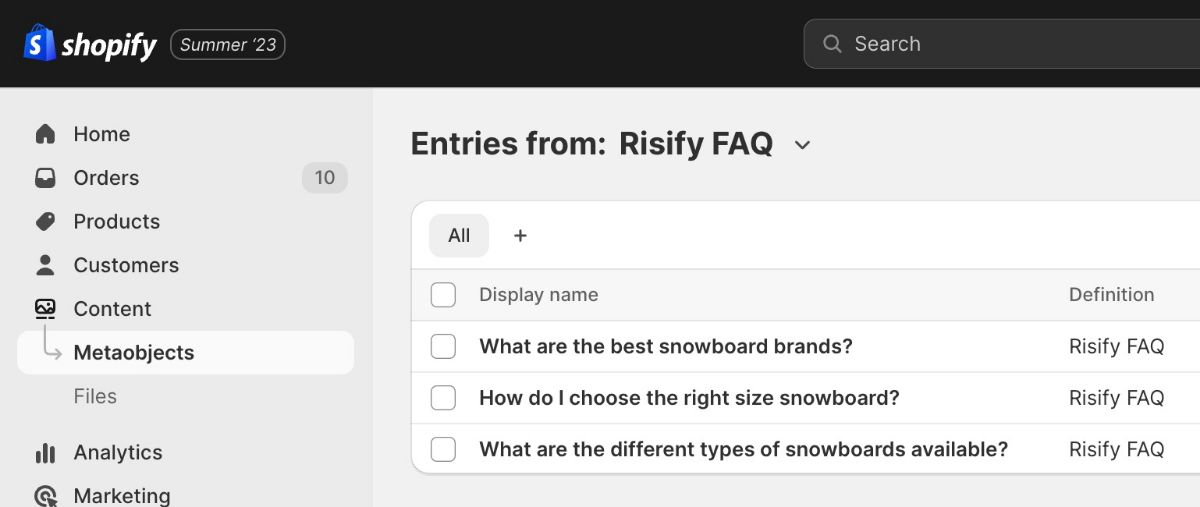Risify FAQ on Shopify Meta Objects