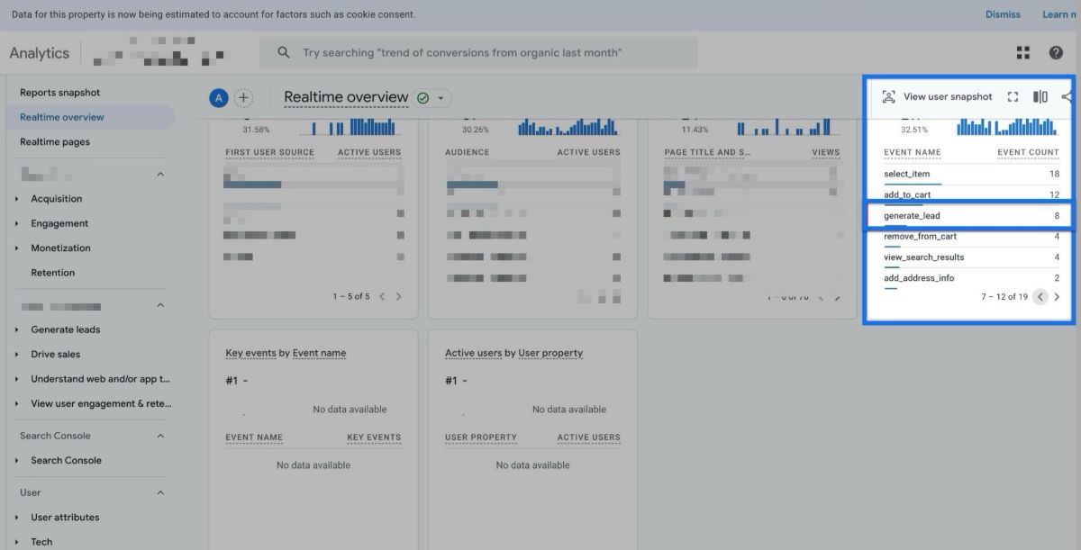 Lead data in Google Anaytics realtime reports