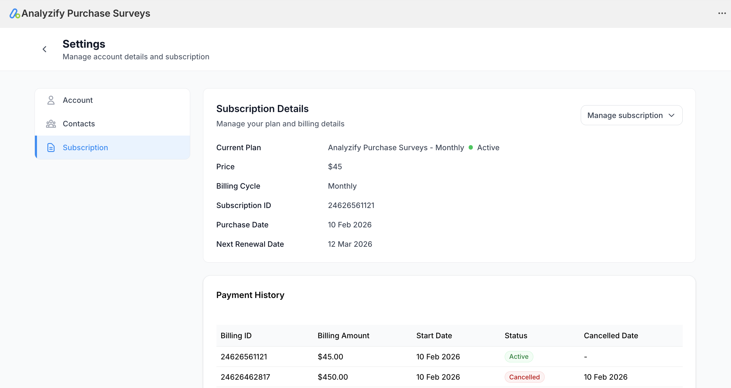 Settings > Subscription Detail