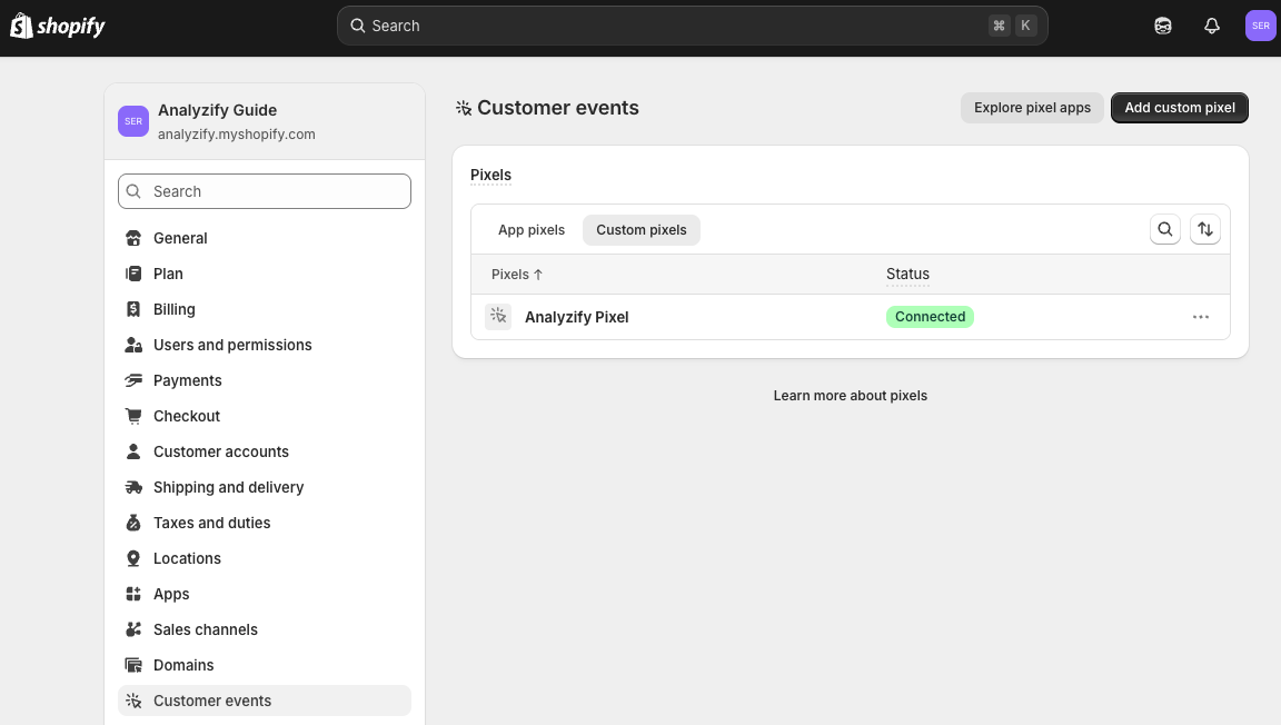 Analyzify Pixel on Shopify Customer events