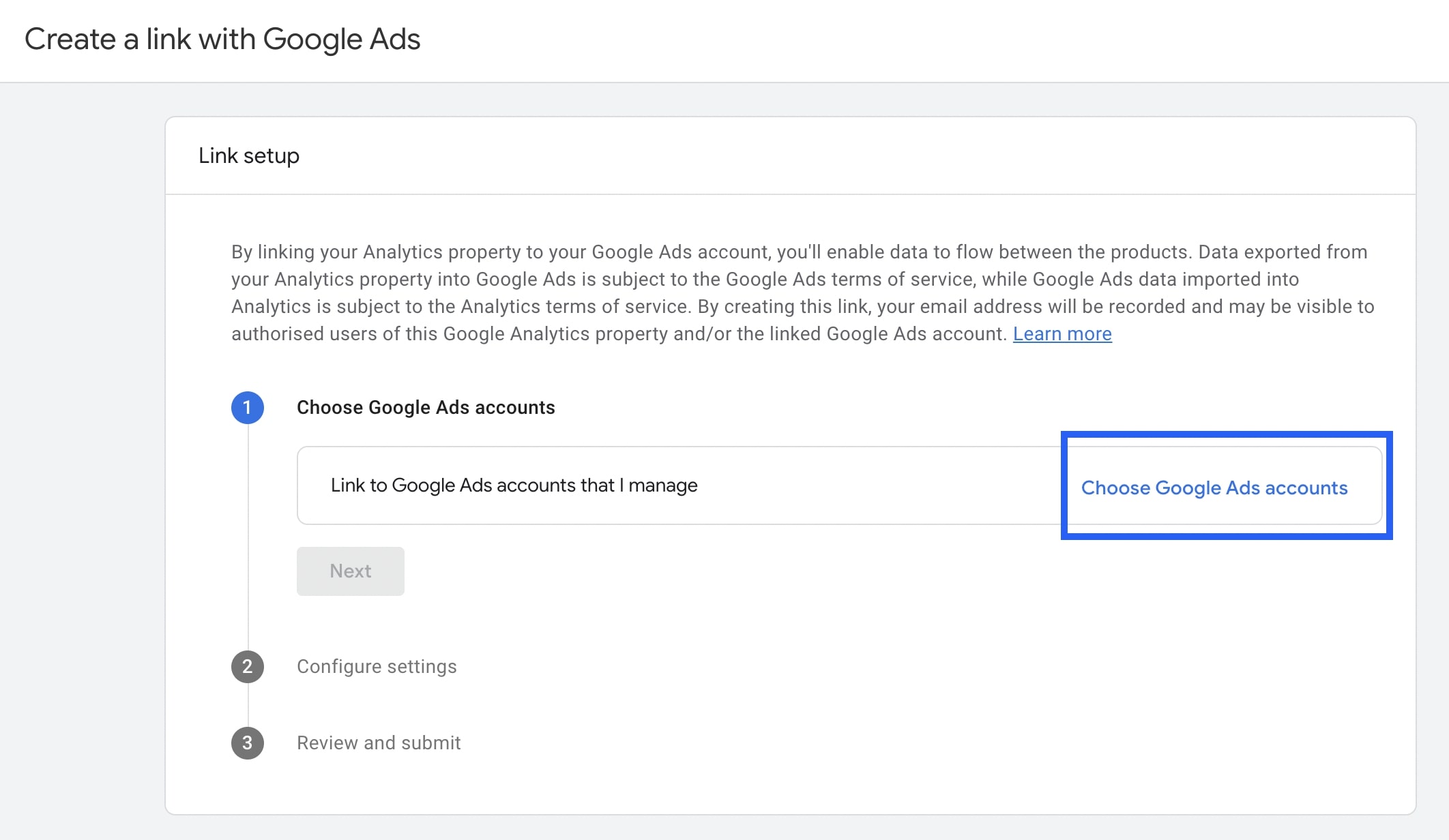 Choose Google Ads accounts