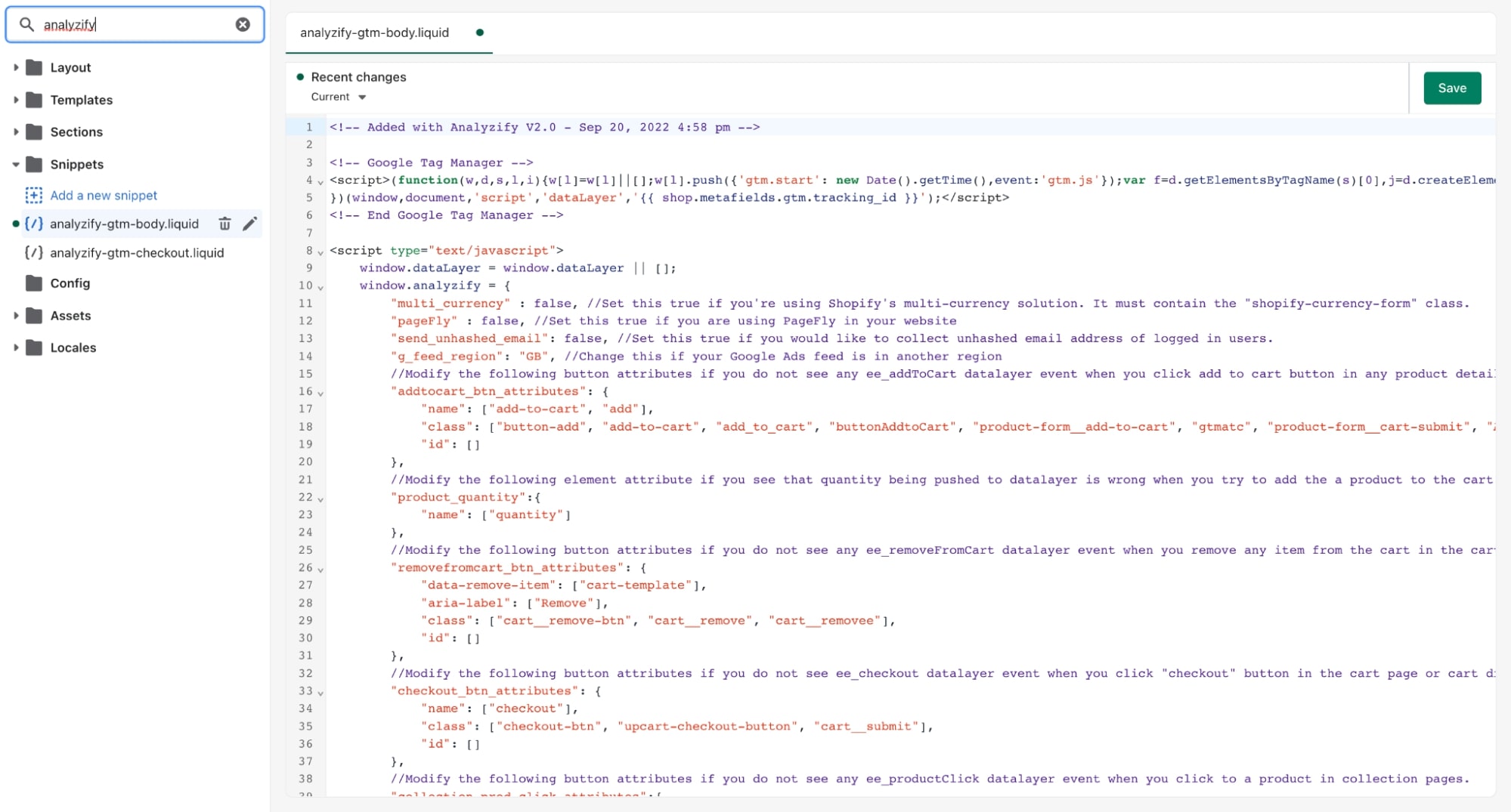 Locate Analyzify’s liquid file and choose the related configuration line