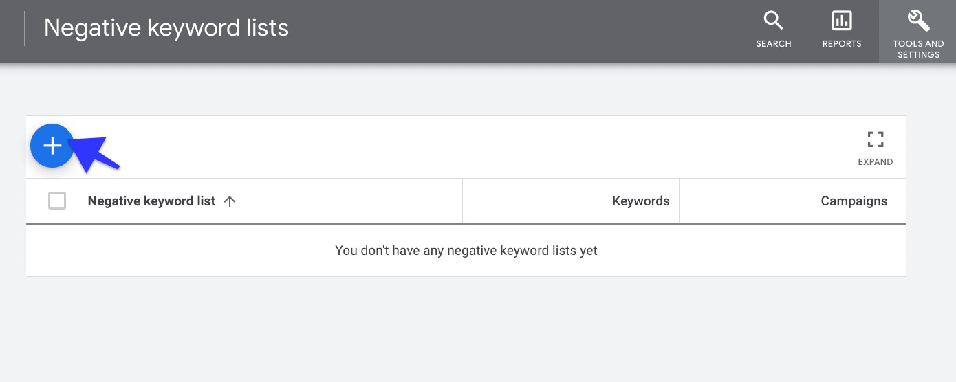 Create a New Negative Keyword List