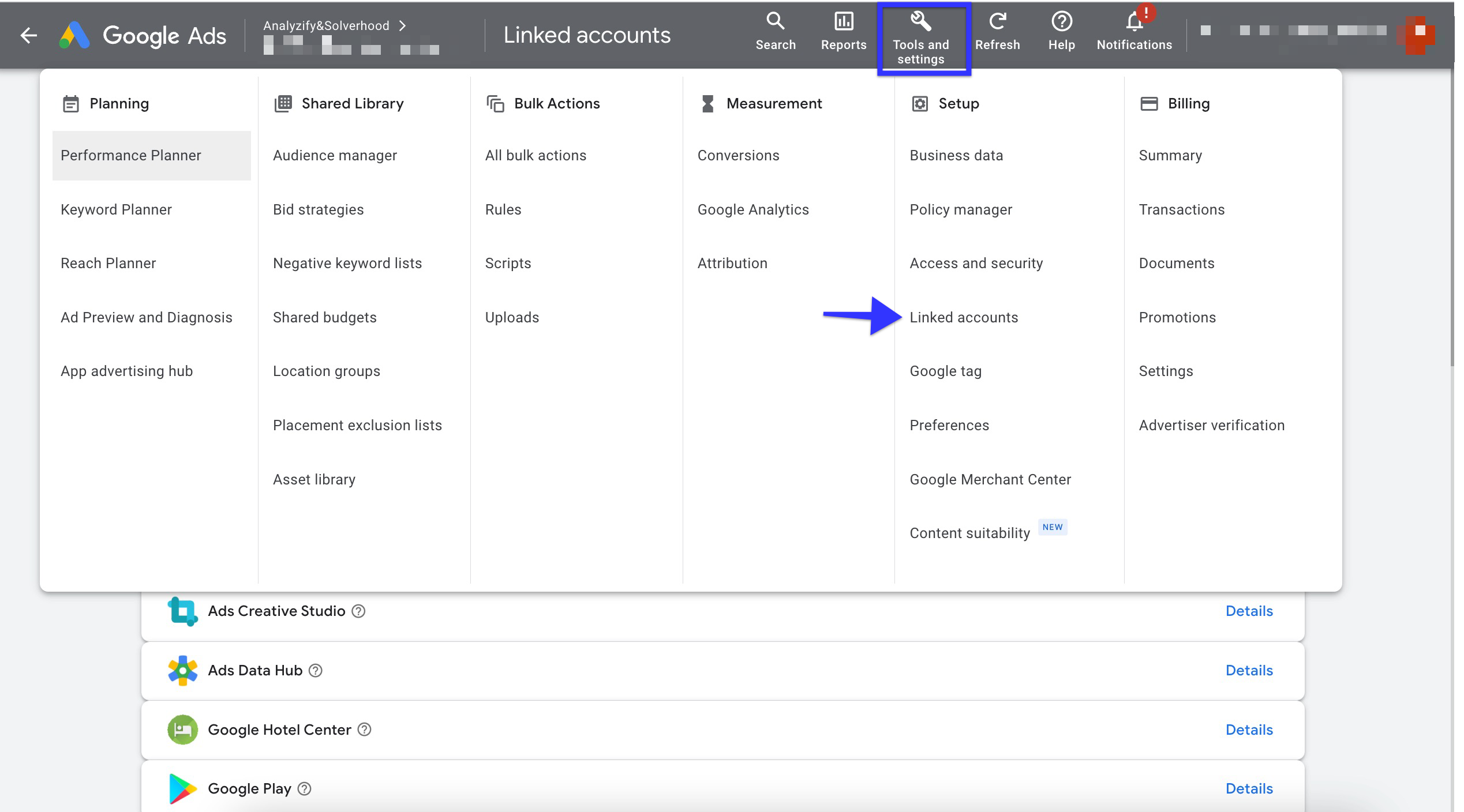 Tools and Setting > Setup > Linked Accounts