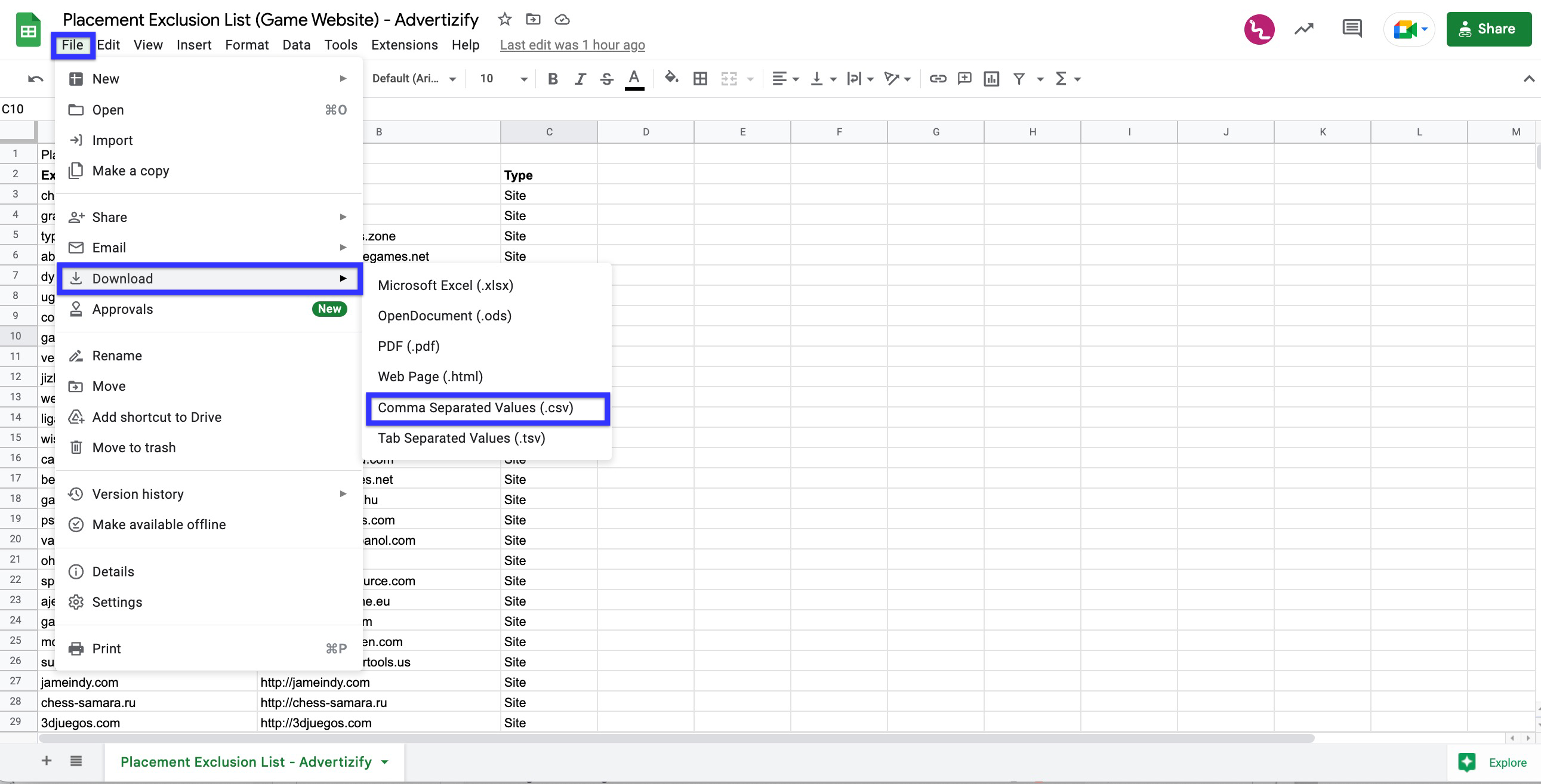 Game Websites Placement Exclusion List