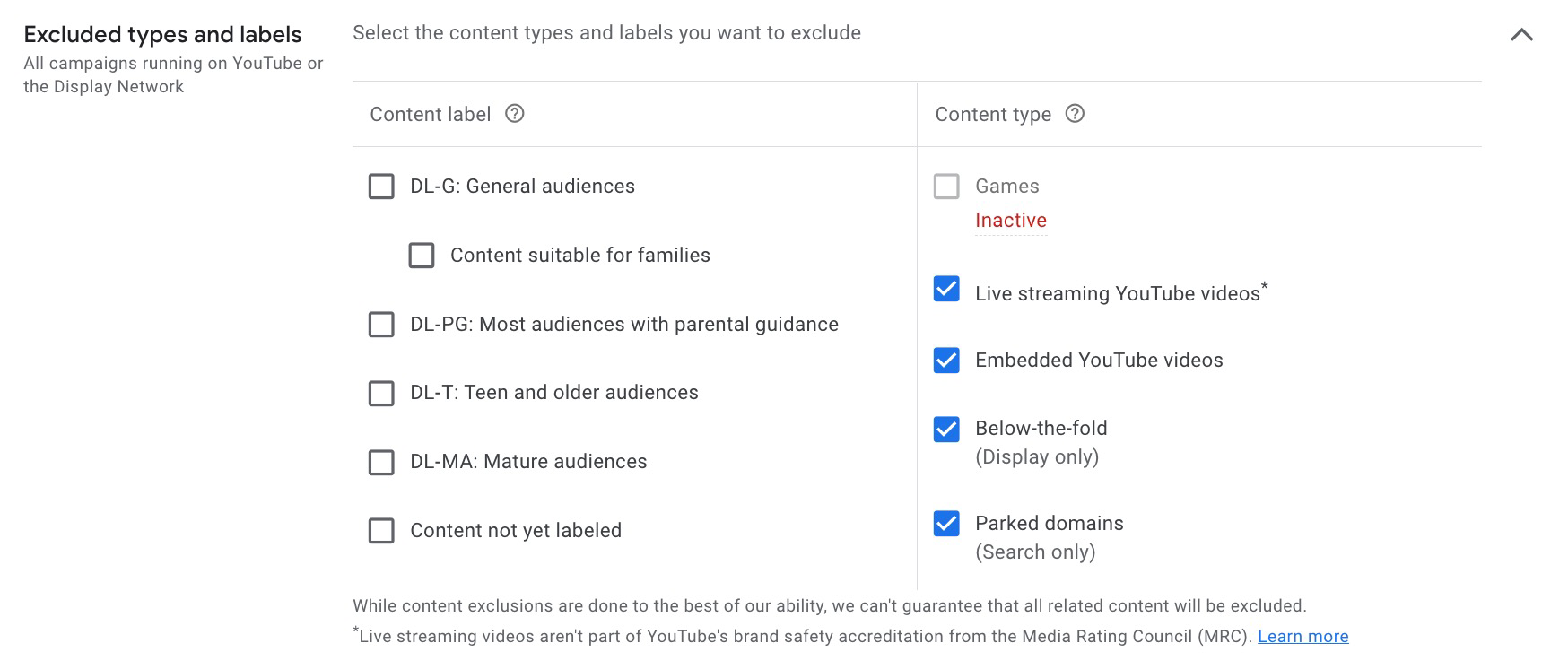 Excluded types and labels