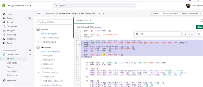 UA code block on Shopify
